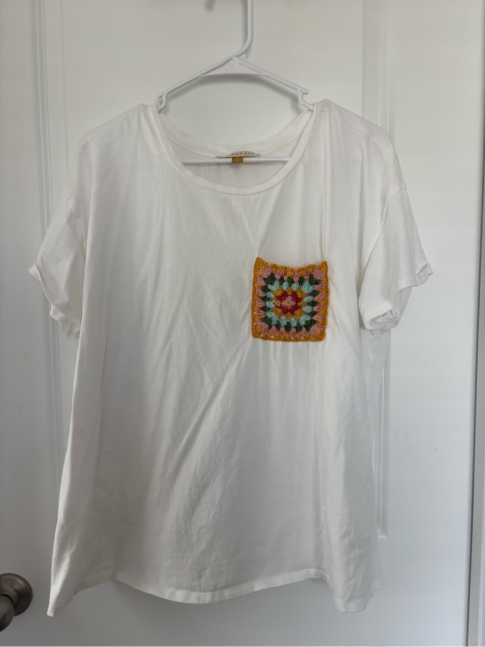 DownEast White Short Sleeve Tee with Colorful Crochet Pocket